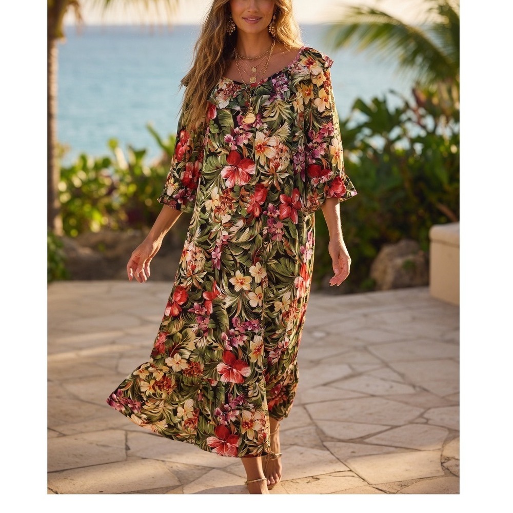 Hilo Hattie Vintage Hawaiian Tiered Ruffle Maxi Dress Floral Cotton Kaftan M